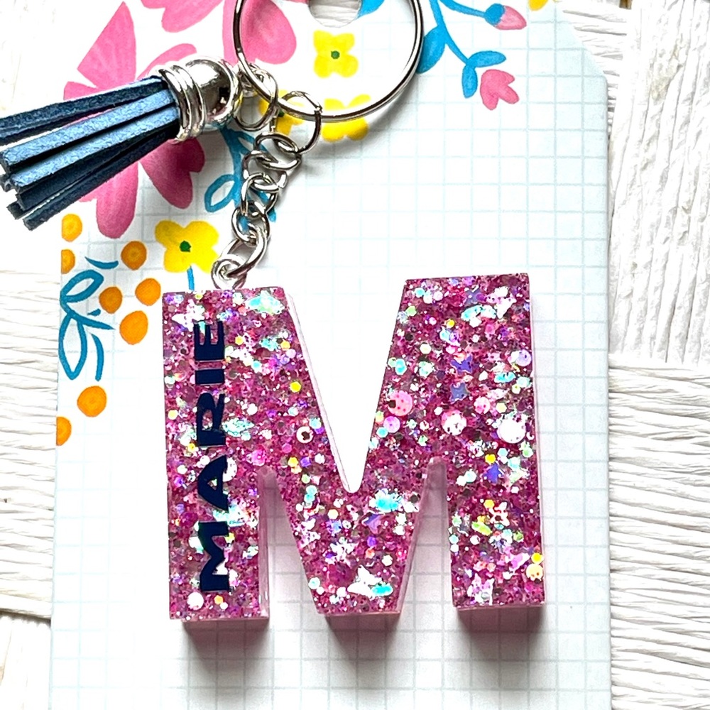 Marie, letter‎ M, Glitter Resin Keychain